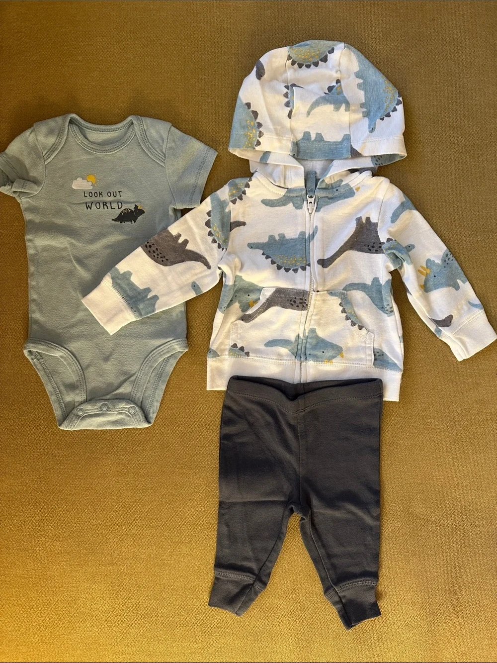 Carter's Blue and White Dinosaur Hoodie, Blue Bodysuit & Navy Pants Set